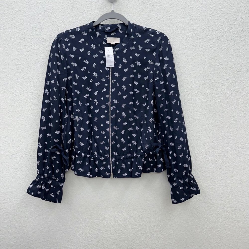 Loft Navy Blue Ditsy Floral Full Zip Bomber Jacket 460670 Womens size Small NEW